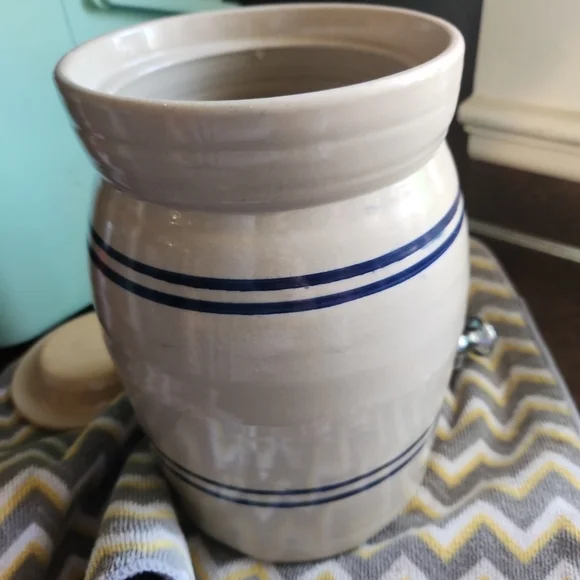 Stoneware Beverage Dispenser - Cream with Blue Stripes - Picture 6 of 7